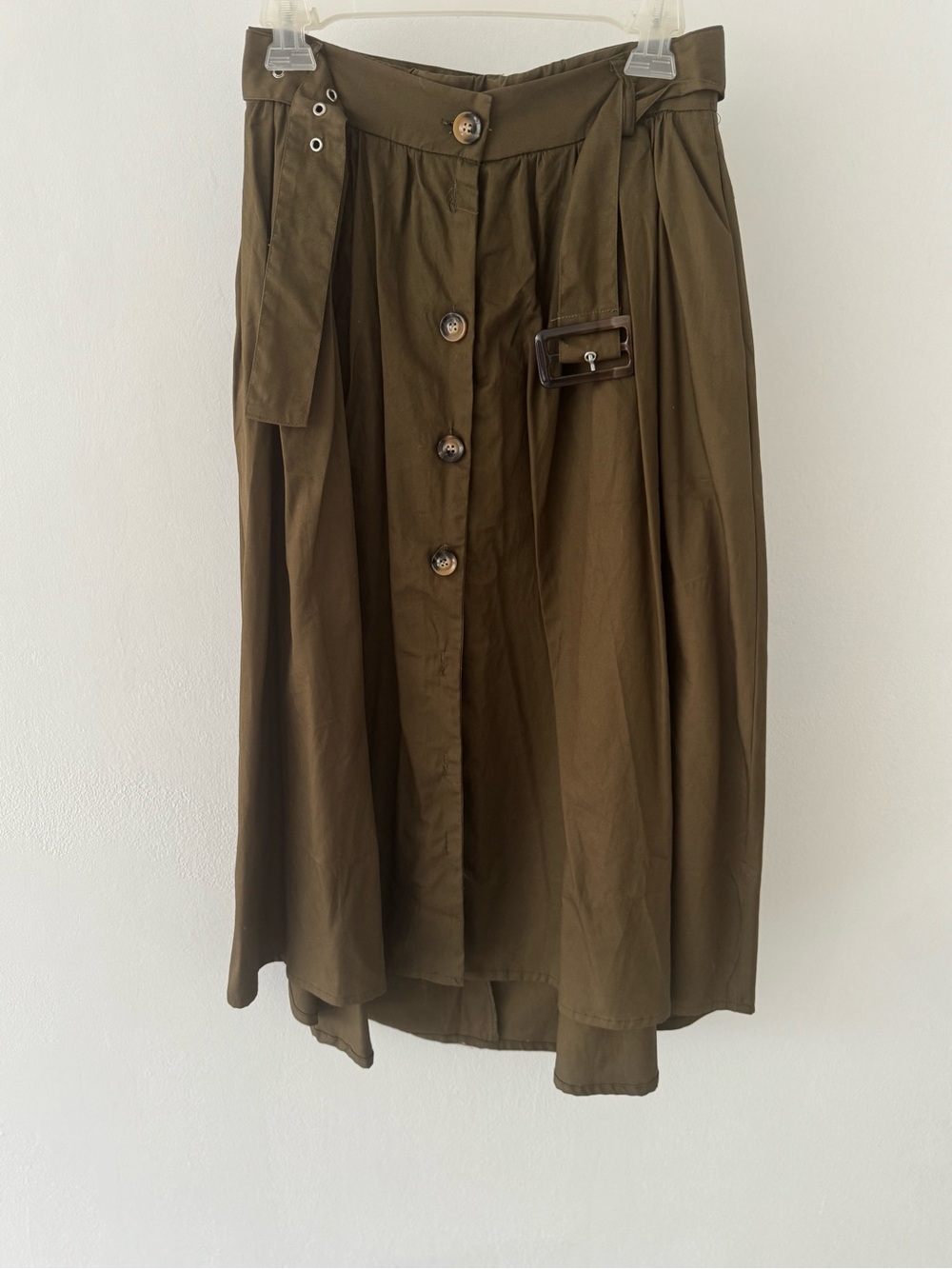Button-Front Olive Midi Skirt with Removable Waist Tie
